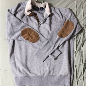 Chaps Light Gray Zip-Up Sweater with Tan Elbow Patches